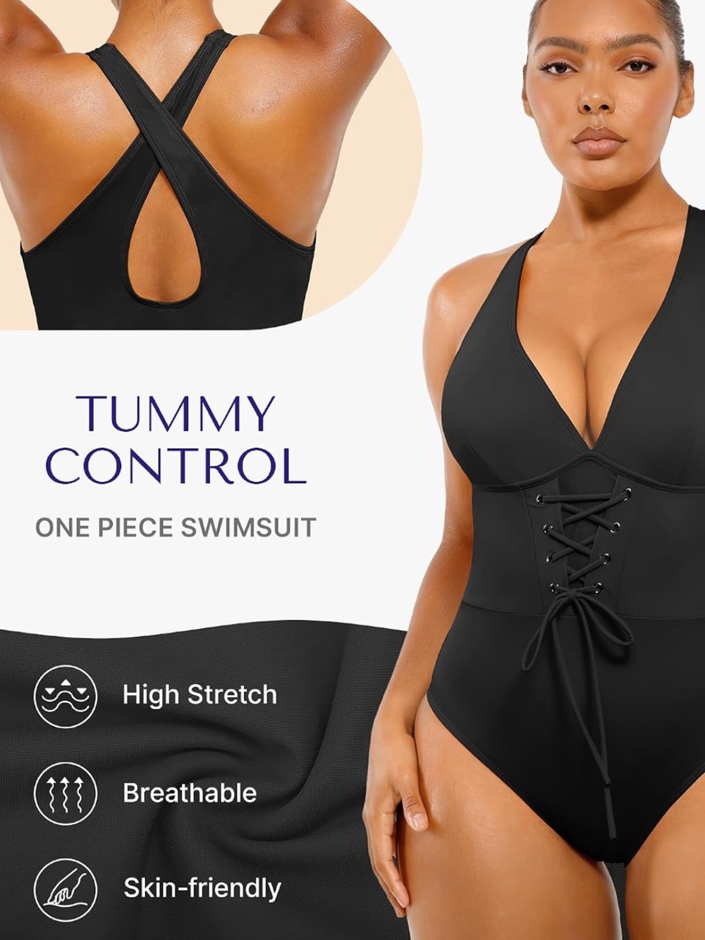 SHAPELLX Tummy Control One Piece Swimsuit Push Up Bathing Suit V Neck Size XL - Picture 3 of 8